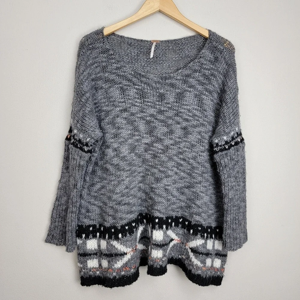 Free People Gray Sweater Womens Size S Wool Blend 3/4 Sleeve Oversized Boxy READ
